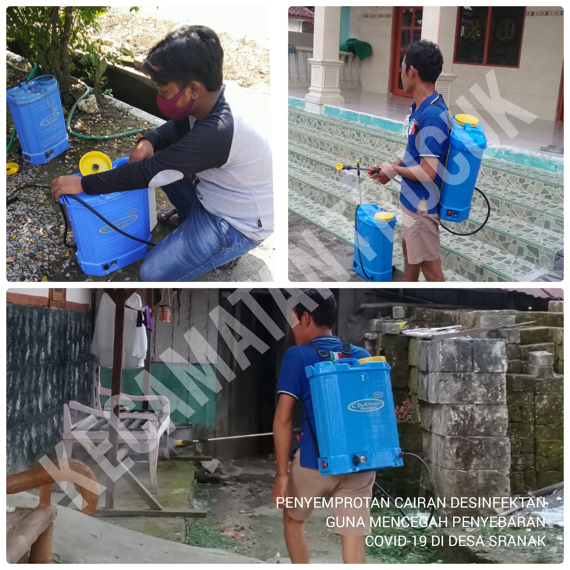 Antisipasi Penyebaran Covid-19 Pemdes Sranak Menyemprotkan Desinfektan.